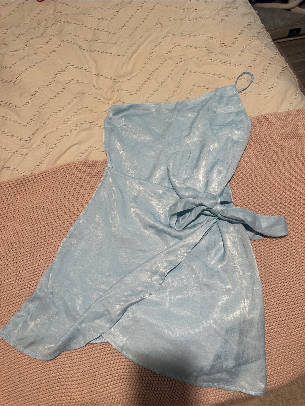 Lucy in the Sky Shimmery Sky Blue Satin Wrap Dress